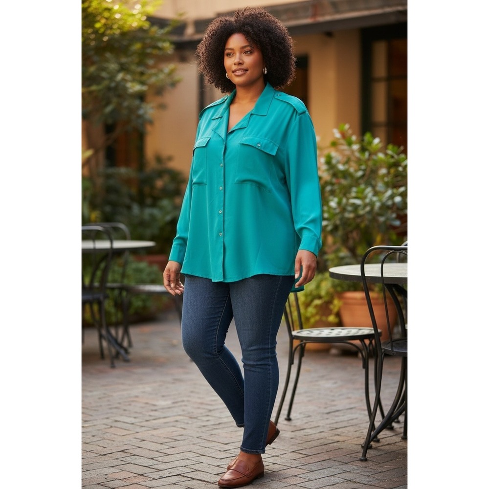 Alyssa Brooke II Plus Size 26W Teal Button Front Blouse Epaulettes Utility Top